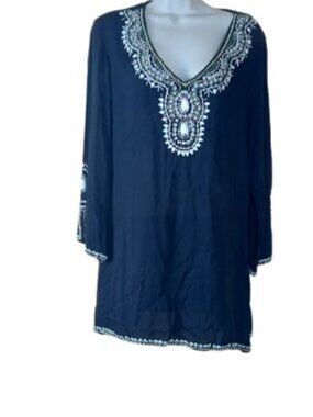 Pink Cattlelac Womens Tunic Top Black Embellished Slit Hem M